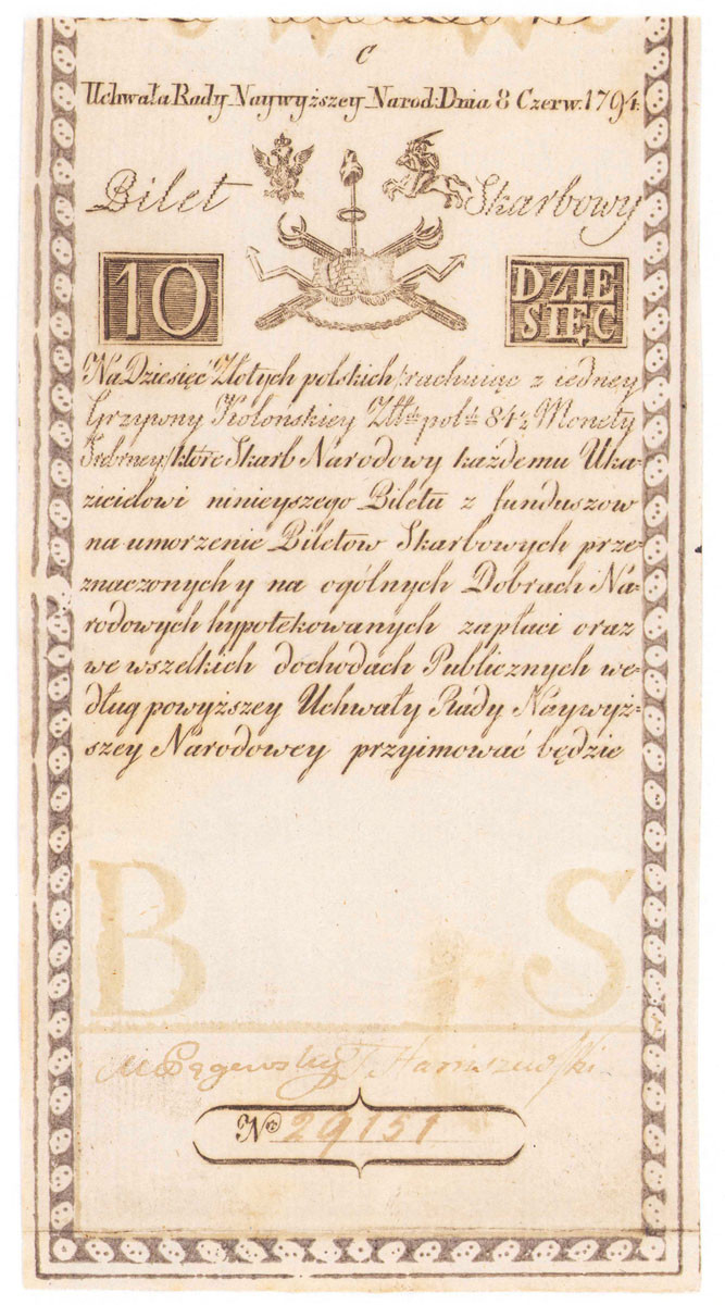 Insurekcja Kościuszkowska 10 złotych 1794 seria C Pągowski/Staniszewski - PIĘKNE